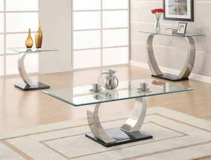 Mesa auxiliar rectangular de metal con tapa de vidrio Pruitt, color plata satinado