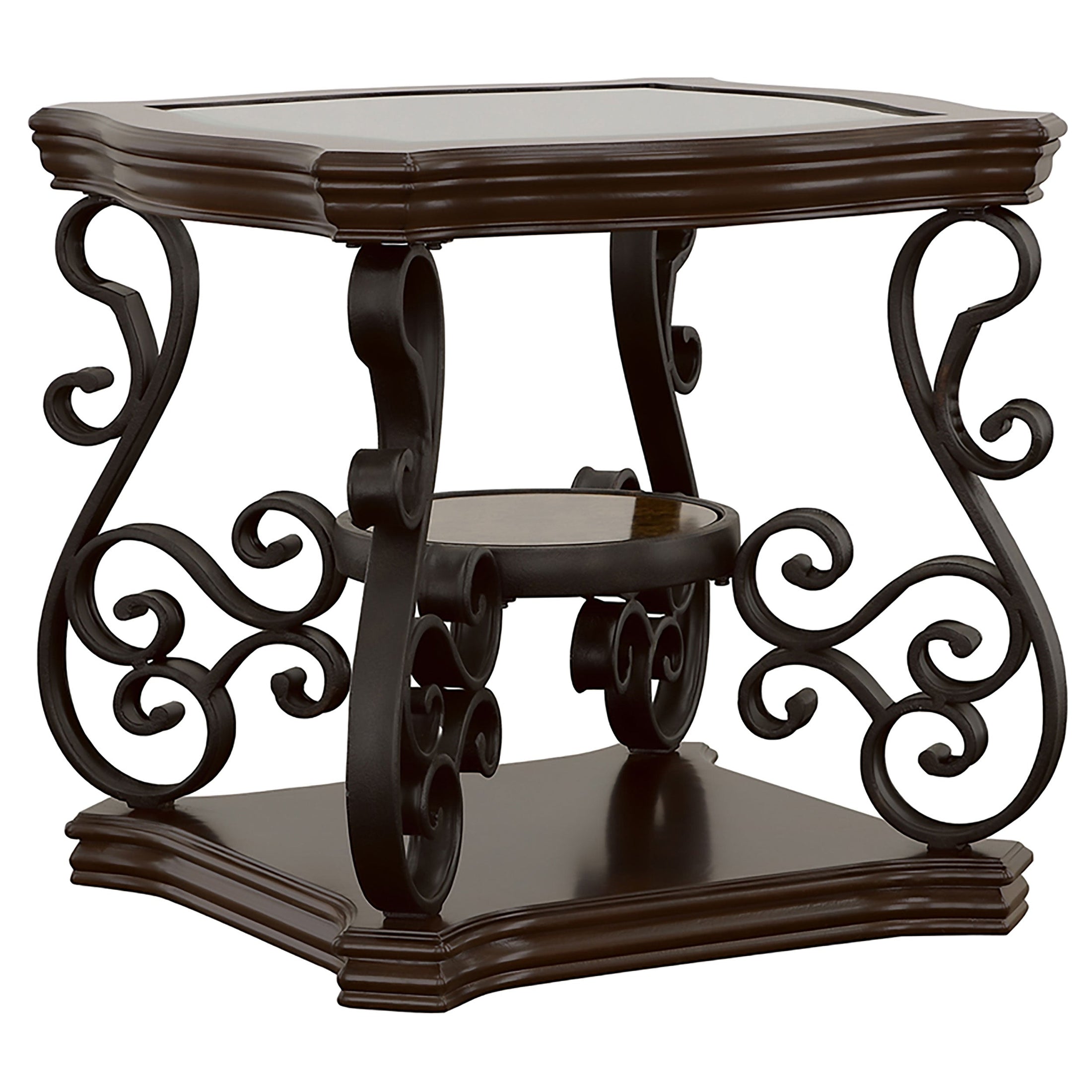 Mesa auxiliar rectangular Laney de 1 estante con tapa de vidrio, color merlot oscuro