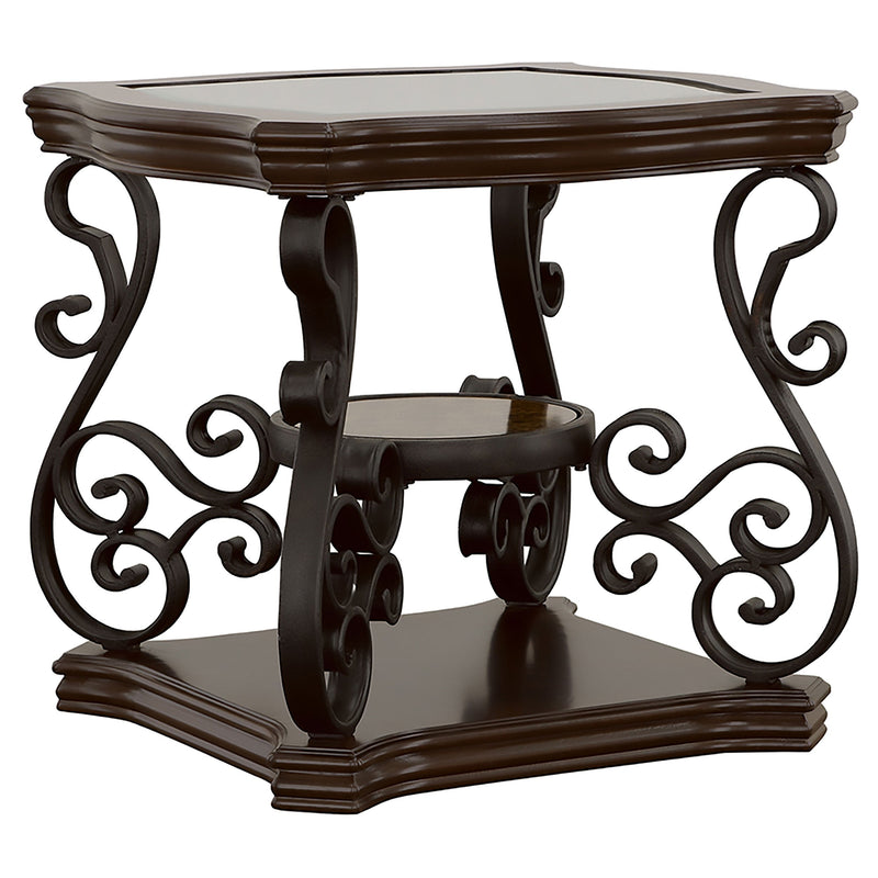 Mesa auxiliar rectangular Laney de 1 estante con tapa de vidrio, color merlot oscuro