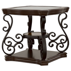 Mesa auxiliar rectangular Laney de 1 estante con tapa de vidrio, color merlot oscuro