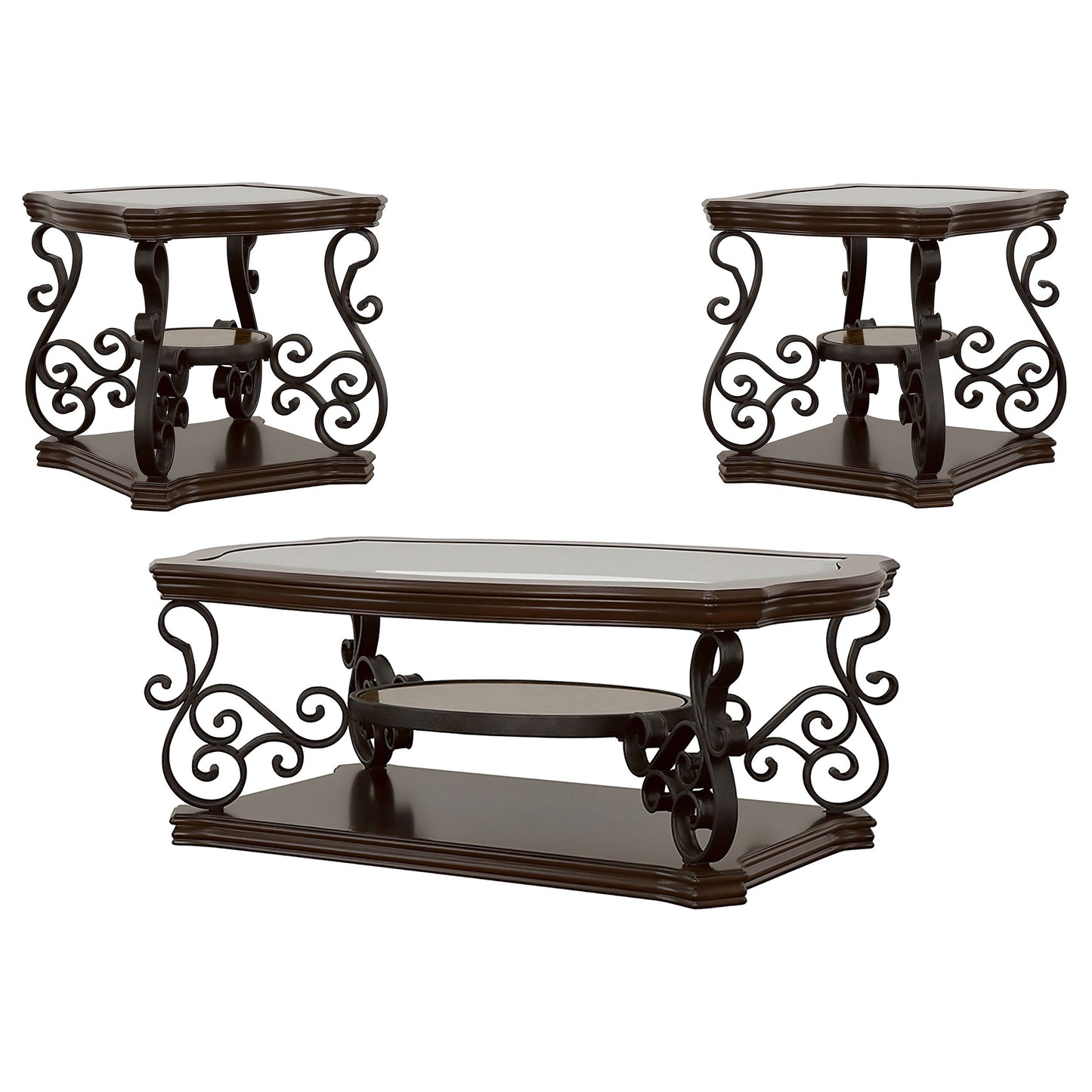Laney Glass Top Coffee and End Table Set Dark Merlot