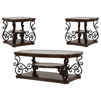 Laney Glass Top Coffee and End Table Set Dark Merlot