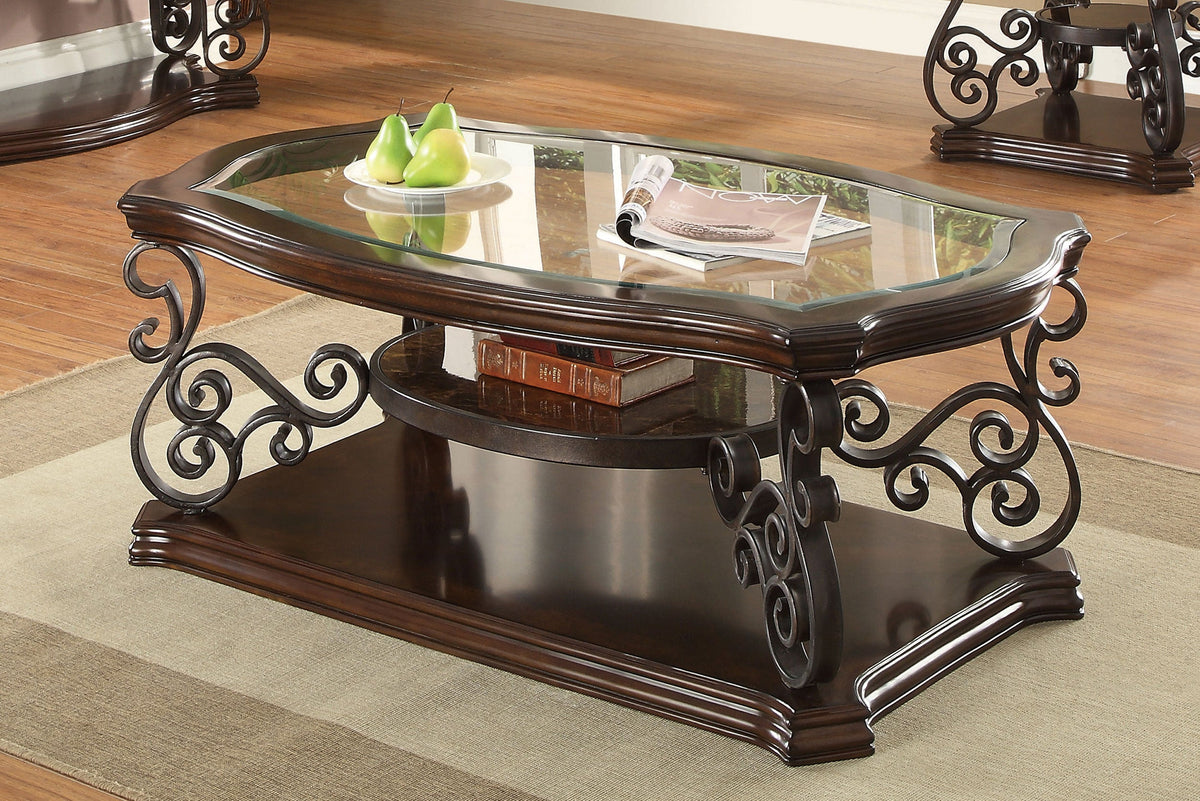 Mesa de centro rectangular Laney de 1 estante con tapa de vidrio, color merlot intenso