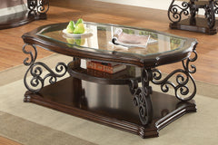 Mesa de centro rectangular Laney de 1 estante con tapa de vidrio, color merlot intenso