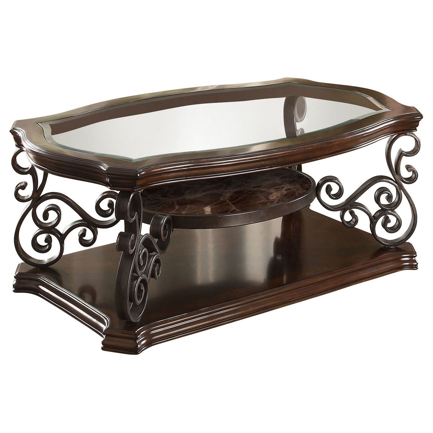 Mesa de centro rectangular Laney de 1 estante con tapa de vidrio, color merlot intenso