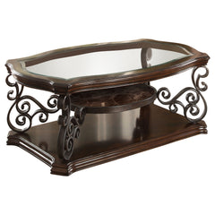 Mesa de centro rectangular Laney de 1 estante con tapa de vidrio, color merlot intenso