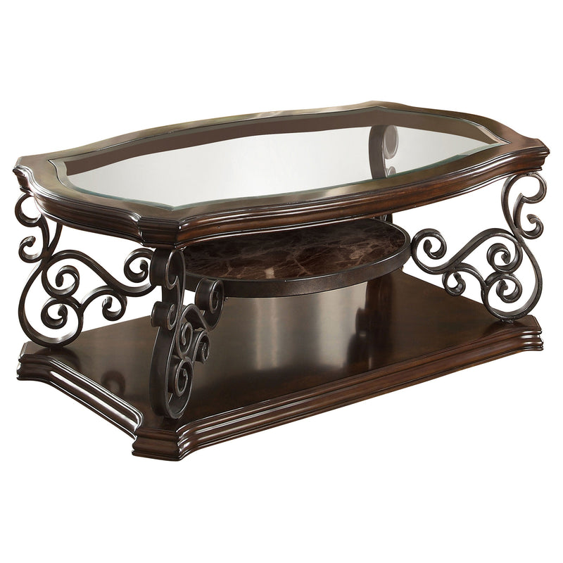 Mesa de centro rectangular Laney de 1 estante con tapa de vidrio, color merlot intenso