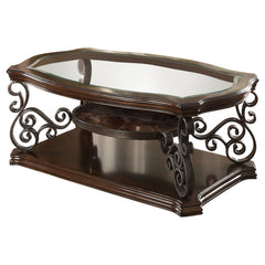 Mesa de centro rectangular Laney de 1 estante con tapa de vidrio, color merlot intenso