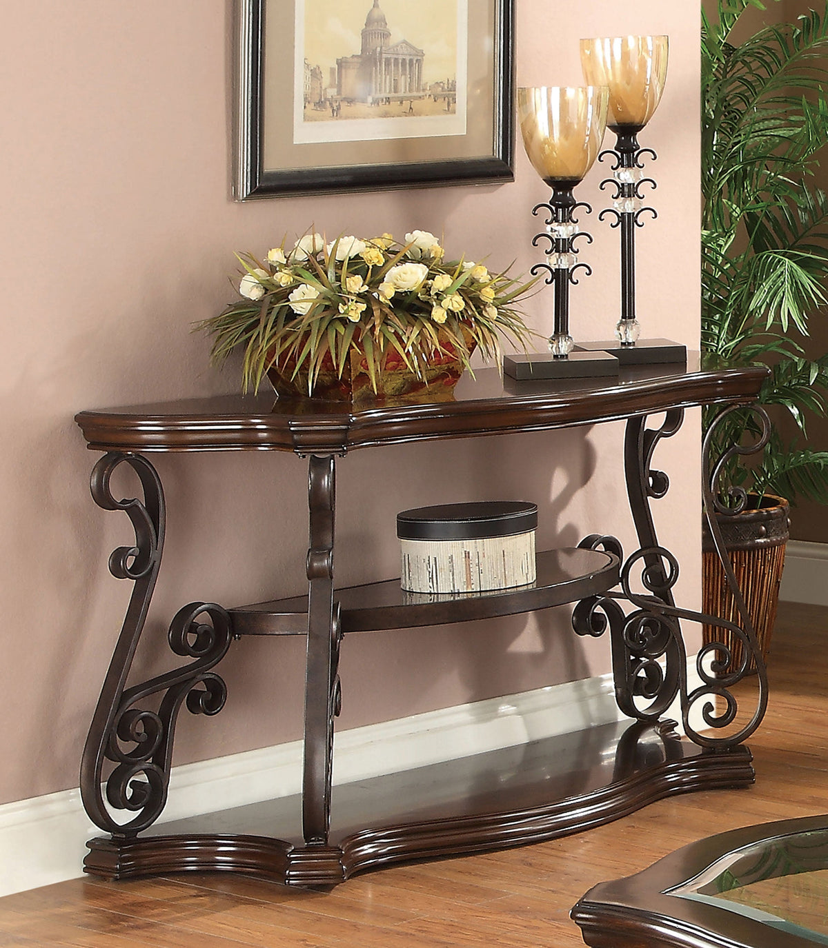 Consola de sofá para entrada Laney Scrollwork en color merlot oscuro