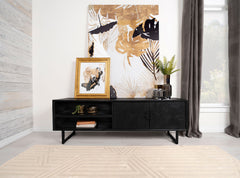 Mueble para TV Marsden de 70 pulgadas, madera de mango, dos puertas, color negro carbón