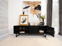 Mueble para TV Marsden de 70 pulgadas, madera de mango, dos puertas, color negro carbón