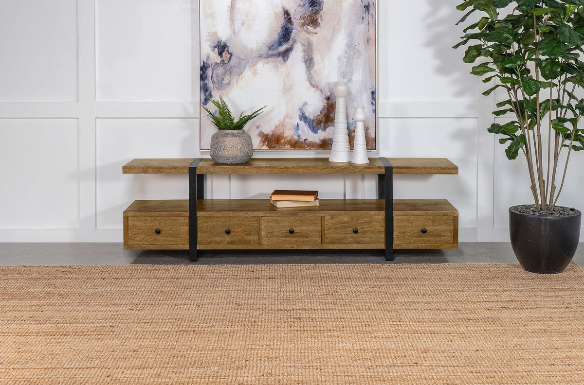 Mueble para TV de 70 pulgadas de madera de mango con 5 cajones y consola multimedia marrón