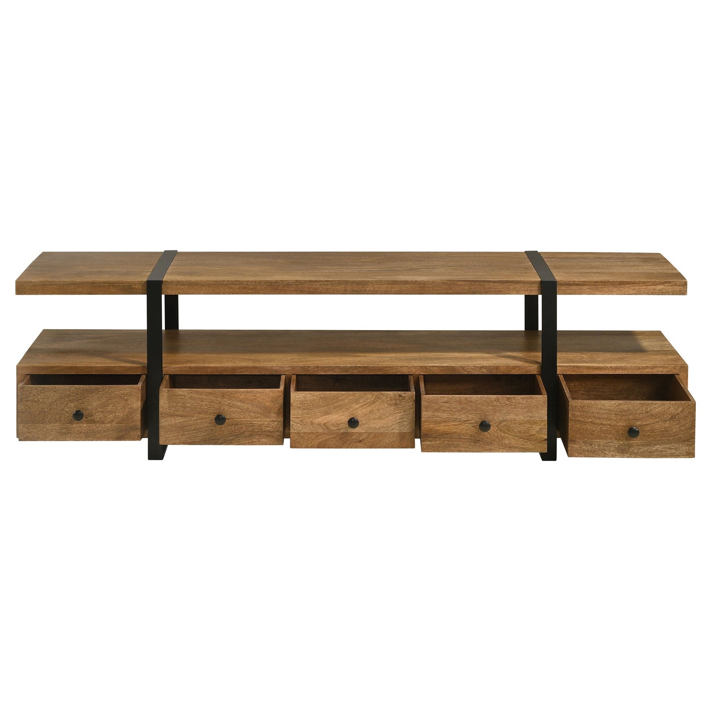 Mueble para TV de 70 pulgadas de madera de mango con 5 cajones y consola multimedia marrón