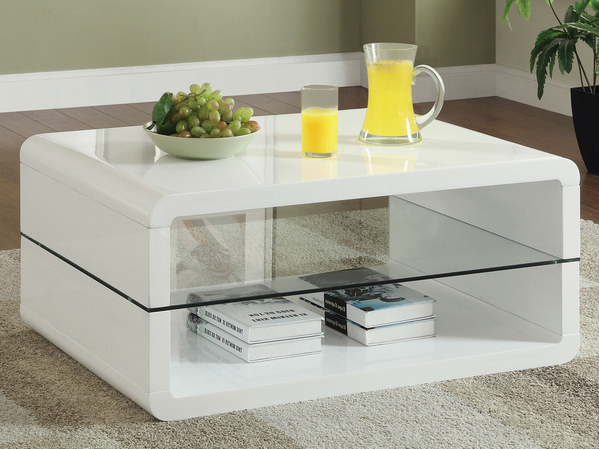 Mesa de centro rectangular Elana de 1 estante, blanca de alto brillo