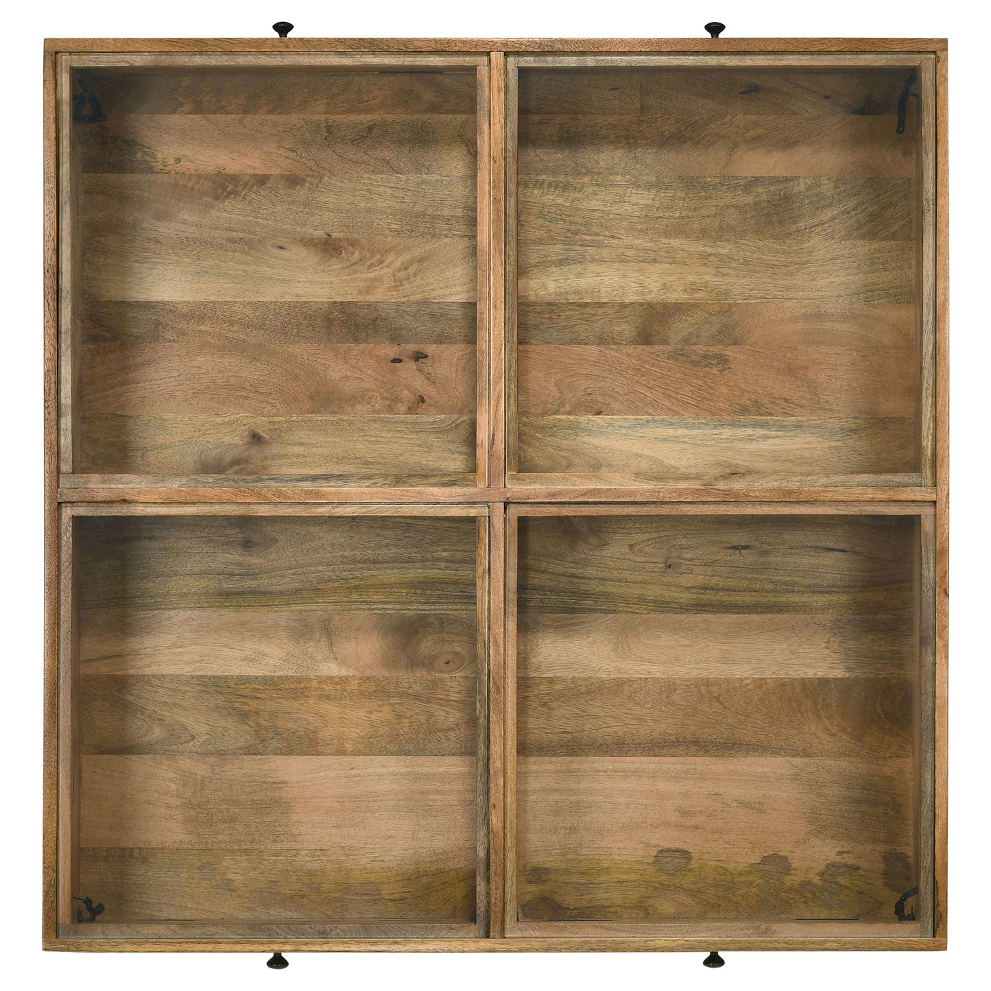 Mesa de centro Stephie con cuatro cajones y tapa de vidrio cuadrada en color marrón miel