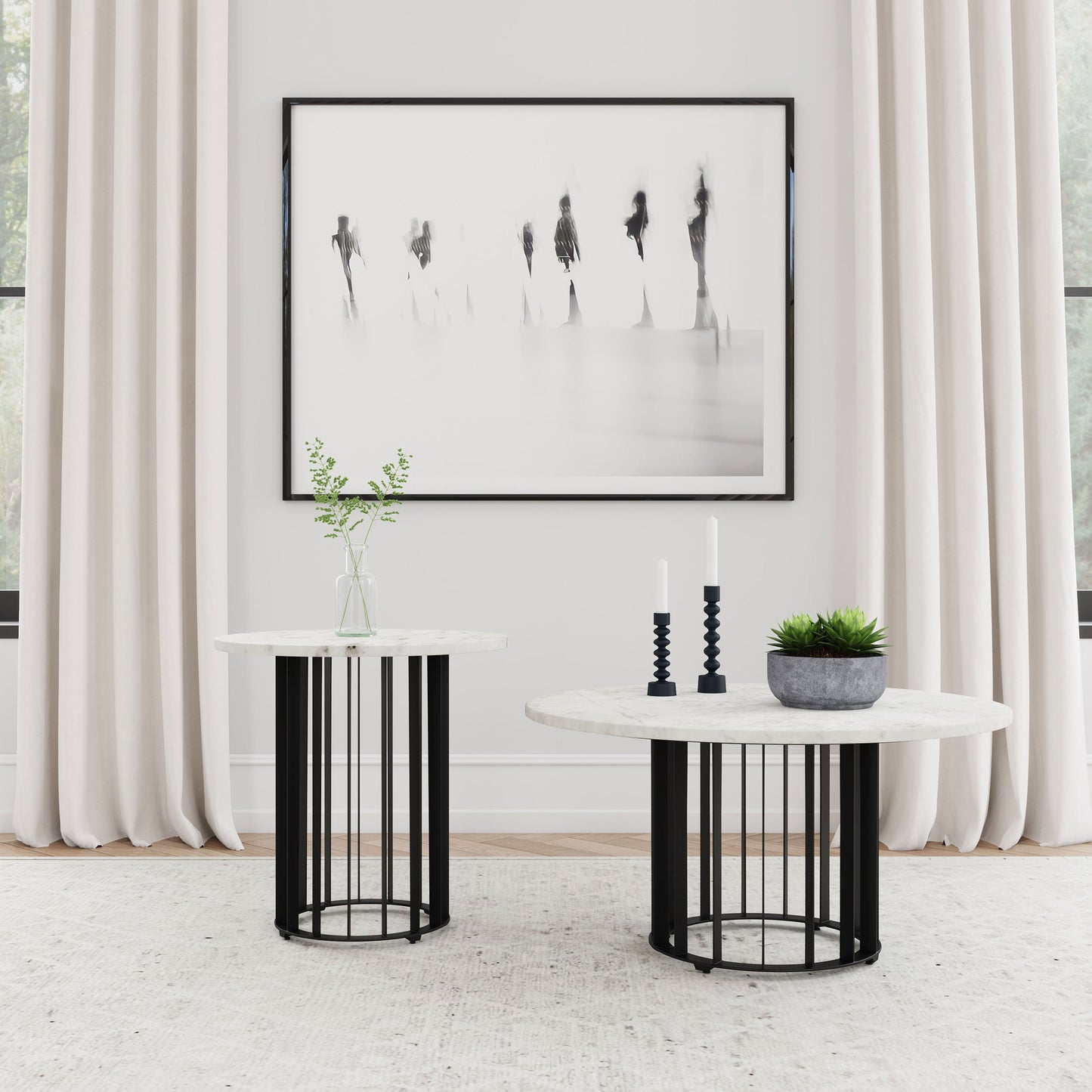 Haven Round Marble Coffee and End Table Set Black
