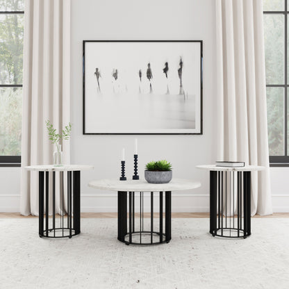 Haven Round Marble Coffee and End Table Set Black