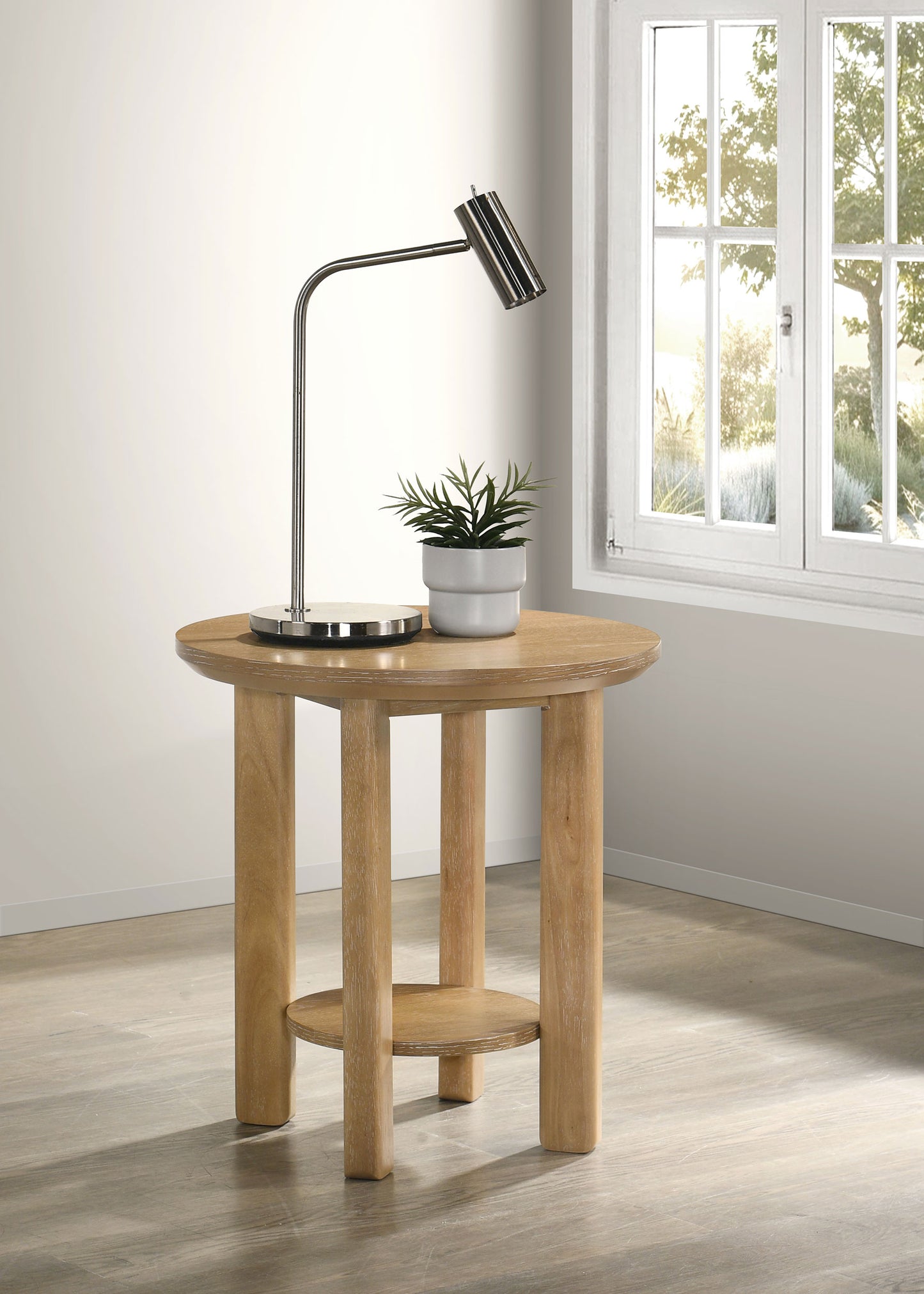 Ottowa Round Wood Side End Table with Shelf Light Oak