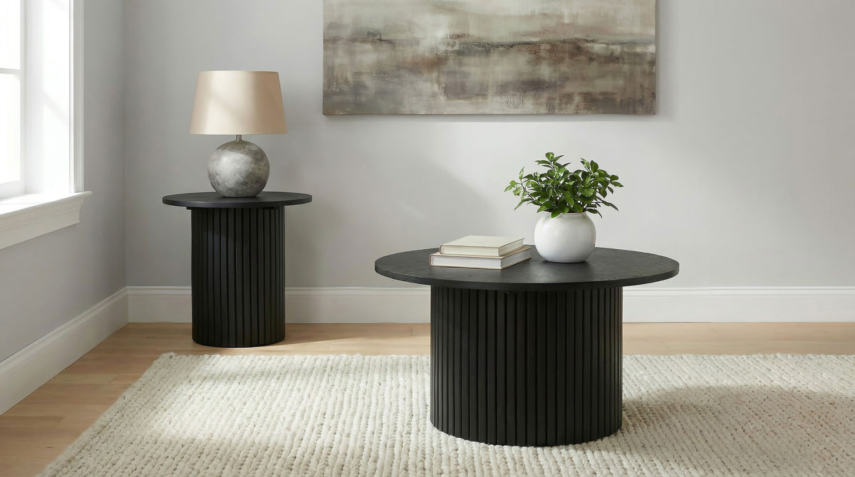 Hamlyn 2-piece Round Fluted Coffee and End Table Set Black