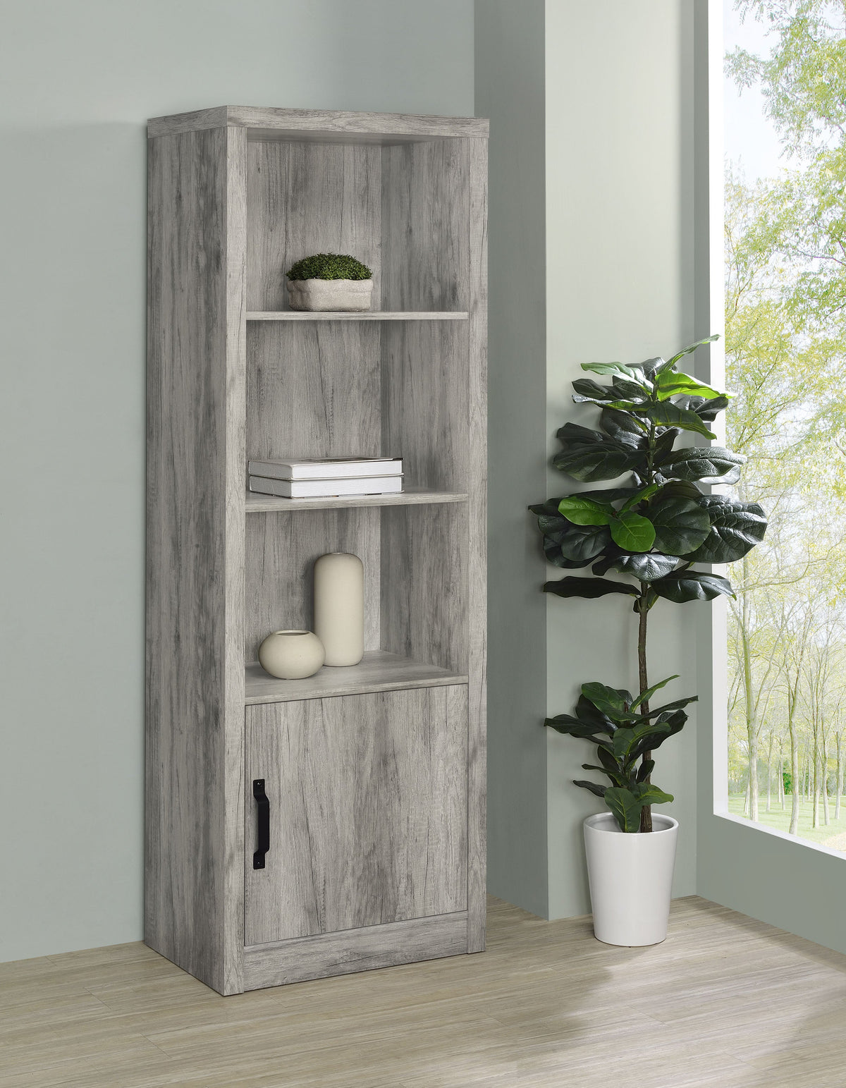 Torre multimedia Burke de 3 estantes de madera de ingeniería, color gris Driftwood