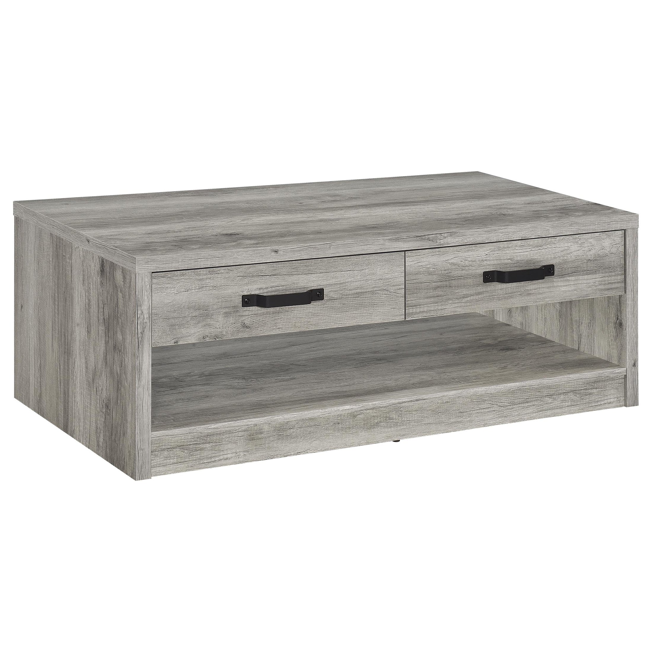 Mesa de centro Felix de madera de ingeniería con dos cajones, color gris Driftwood