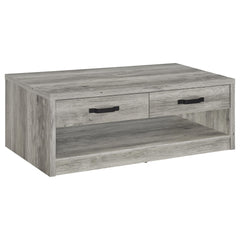 Mesa de centro Felix de madera de ingeniería con dos cajones, color gris Driftwood