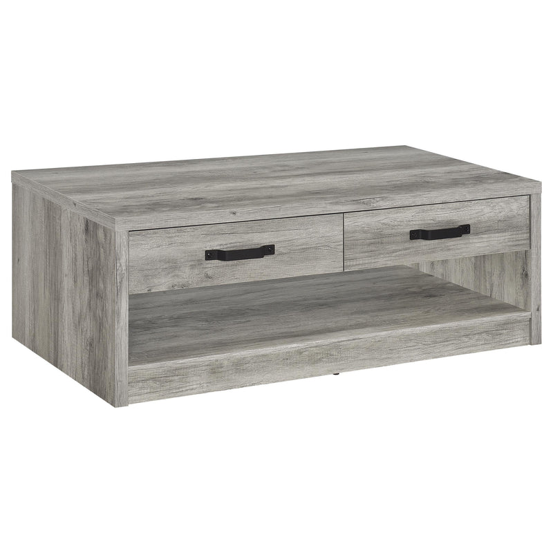 Mesa de centro Felix de madera de ingeniería con dos cajones, color gris Driftwood
