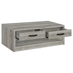 Mesa de centro Felix de madera de ingeniería con dos cajones, color gris Driftwood