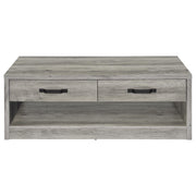 Mesa de centro Felix de madera de ingeniería con dos cajones, color gris Driftwood