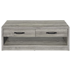Mesa de centro Felix de madera de ingeniería con dos cajones, color gris Driftwood
