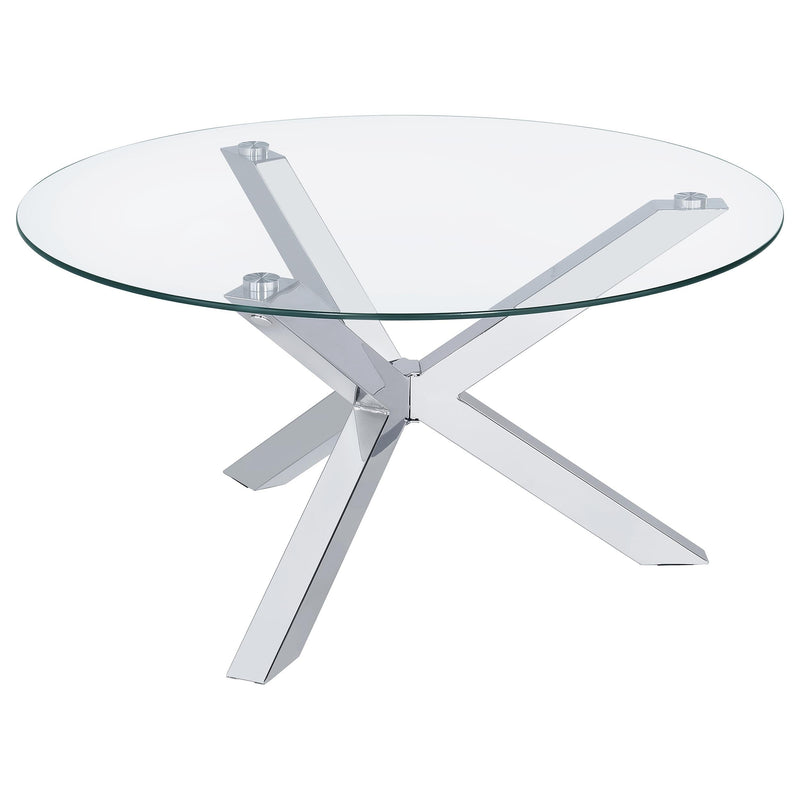 Mesa de centro redonda Kenzie con tapa de vidrio templado y acabado cromado