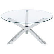 Mesa de centro redonda Kenzie con tapa de vidrio templado y acabado cromado