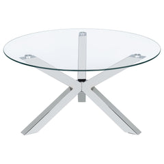 Mesa de centro redonda Kenzie con tapa de vidrio templado y acabado cromado