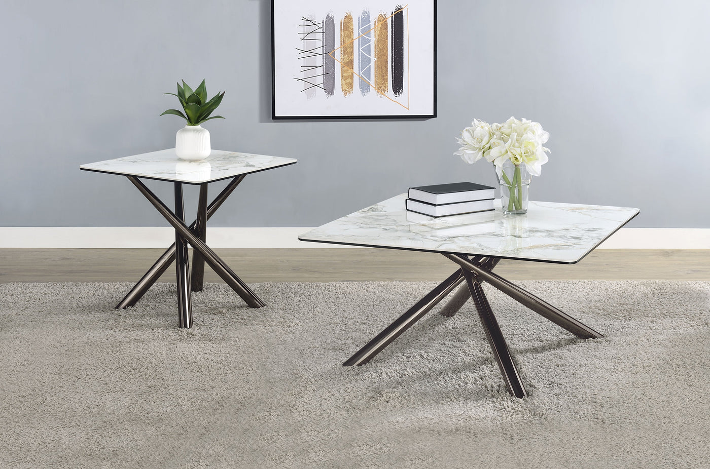 Juego de mesa de centro y auxiliar cuadrada Carvell Mirage White
