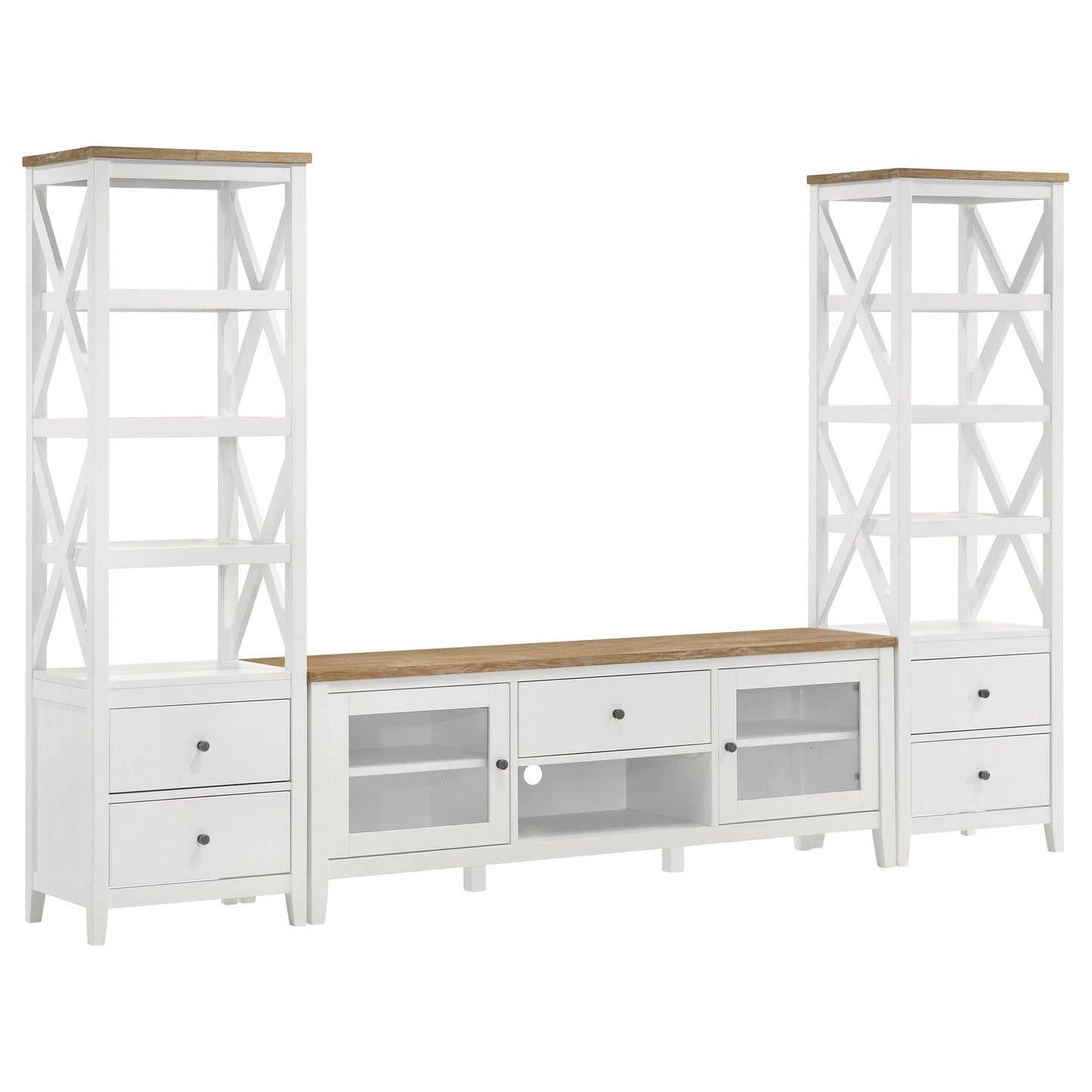 Mueble para TV Hollis de 67 pulgadas, madera, dos puertas y cajón, marrón y blanco