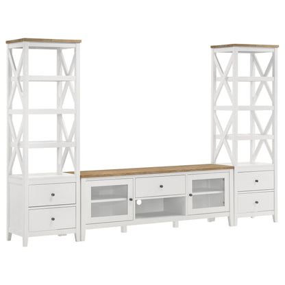 Mueble para TV Hollis de 67 pulgadas, madera, dos puertas y cajón, marrón y blanco