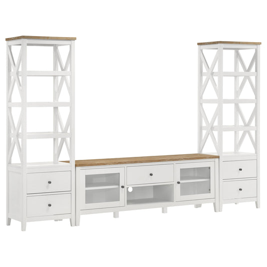 Mueble para TV Hollis de 67 pulgadas, madera, dos puertas y cajón, marrón y blanco