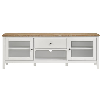 Mueble para TV Hollis de 67 pulgadas, madera, dos puertas y cajón, marrón y blanco