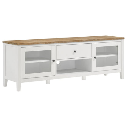 Mueble para TV Hollis de 67 pulgadas, madera, dos puertas y cajón, marrón y blanco