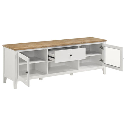 Mueble para TV Hollis de 67 pulgadas, madera, dos puertas y cajón, marrón y blanco