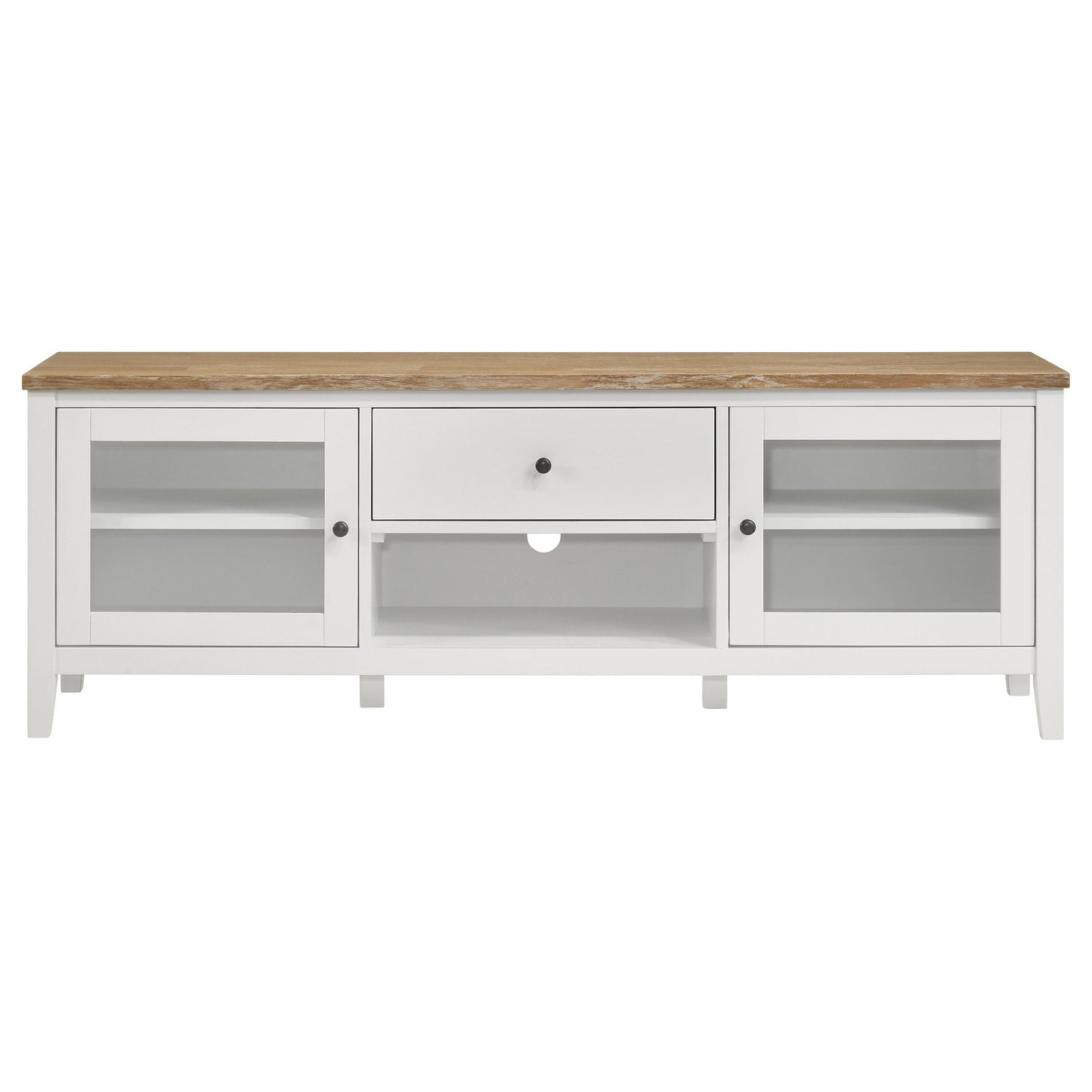 Mueble para TV Hollis de 67 pulgadas, madera, dos puertas y cajón, marrón y blanco