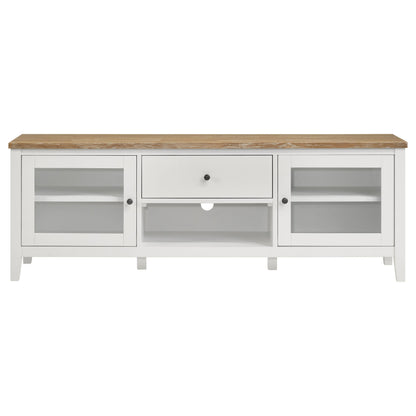 Mueble para TV Hollis de 67 pulgadas, madera, dos puertas y cajón, marrón y blanco