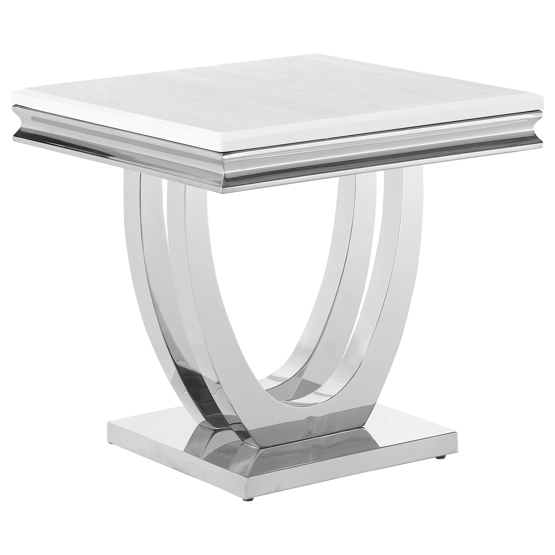 Mesa auxiliar Kerwin con tapa de piedra cuadrada blanca y cromada