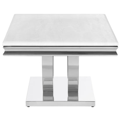 Mesa de centro rectangular con superficie de piedra Kerwin, blanca y cromada