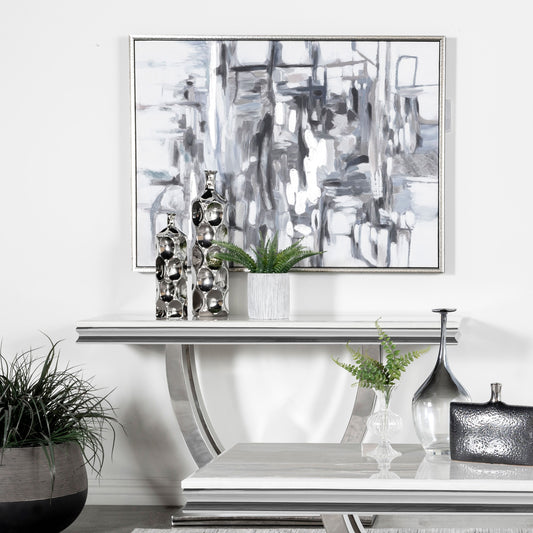 Mesa consola para sofá de entrada con base en U y cubierta de piedra Kerwin, cromada