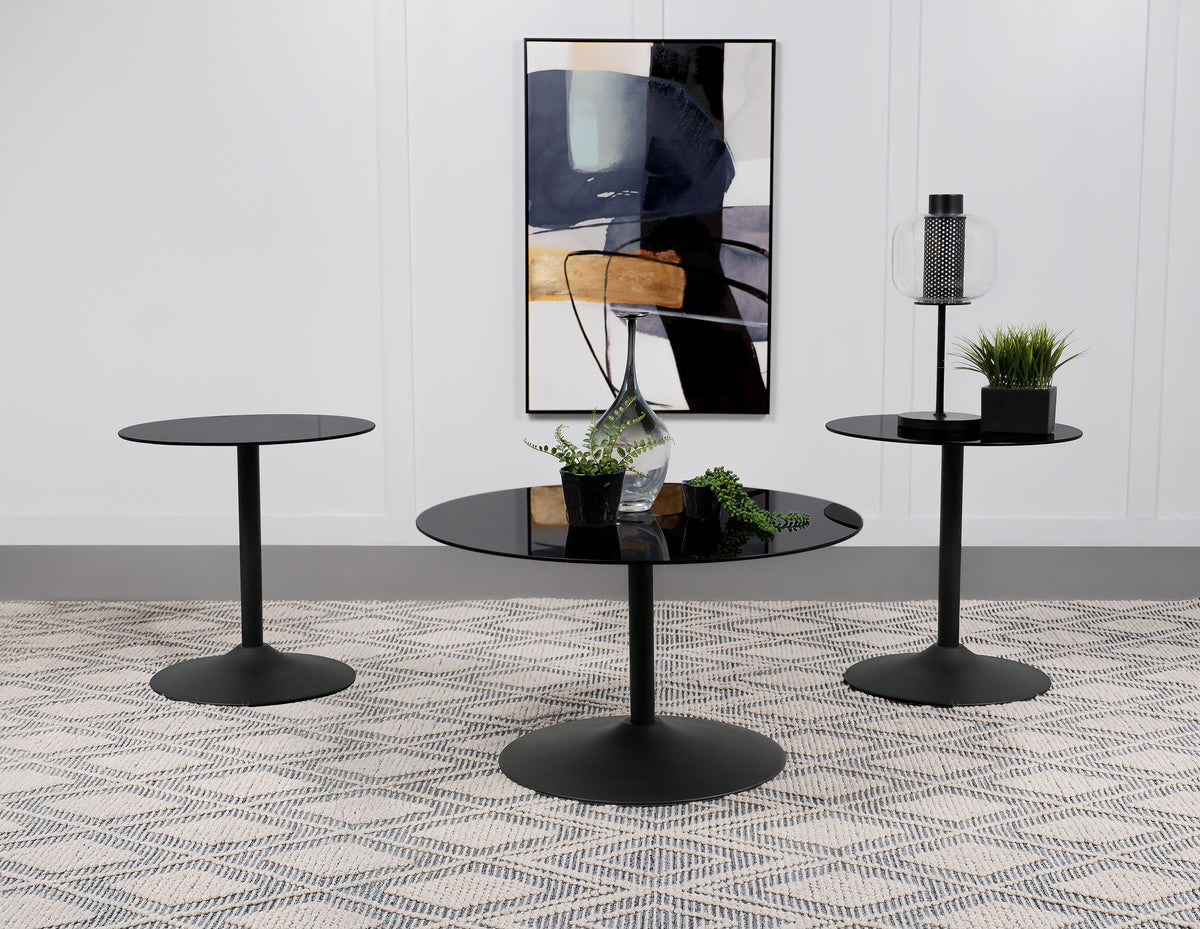 Ganso Round Glass Top Coffee and End Table Set Black