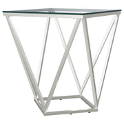 Mesa auxiliar geométrica Brittania con tapa de cristal cuadrada en níquel