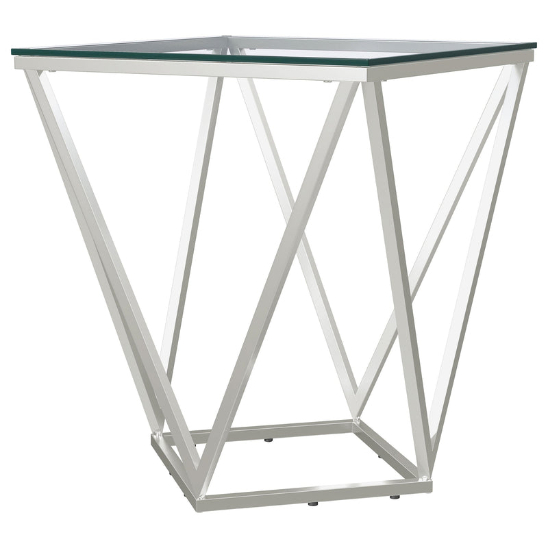Mesa auxiliar geométrica Brittania con tapa de cristal cuadrada en níquel