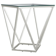 Mesa auxiliar geométrica Brittania con tapa de cristal cuadrada en níquel