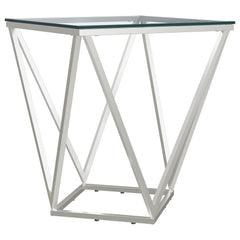 Mesa auxiliar geométrica Brittania con tapa de cristal cuadrada en níquel